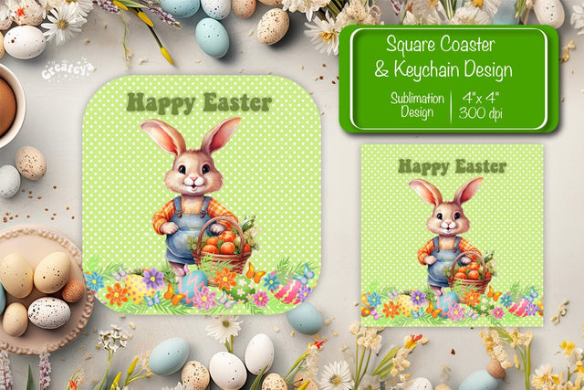 Square Easter coaster Easter Bunny Sublimation coaster design Watercolor PNG Square keychain Sublimation Createya Design 