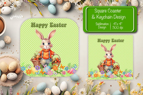 Square Easter coaster Easter Bunny Sublimation coaster design Watercolor PNG Square keychain Sublimation Createya Design 