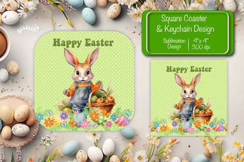 Square Easter coaster Easter Bunny Sublimation coaster design Watercolor PNG Square keychain Sublimation Createya Design 