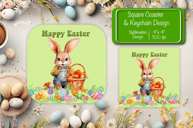 Square Easter coaster Easter Bunny Sublimation coaster design Watercolor PNG Square keychain Sublimation Createya Design 