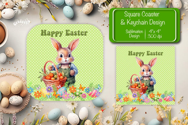Square Easter coaster Easter Bunny Sublimation coaster design Watercolor PNG Square keychain Sublimation Createya Design 