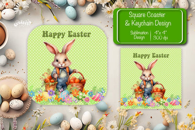 Square Easter coaster Easter Bunny Sublimation coaster design Watercolor PNG Square keychain Sublimation Createya Design 