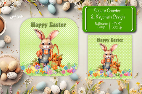 Square Easter coaster Easter Bunny Sublimation coaster design Watercolor PNG Square keychain Sublimation Createya Design 