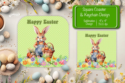 Square Easter coaster Easter Bunny Sublimation coaster design Watercolor PNG Square keychain Sublimation Createya Design 