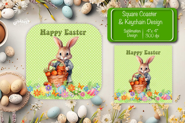 Square Easter coaster Easter Bunny Sublimation coaster design Watercolor PNG Square keychain Sublimation Createya Design 