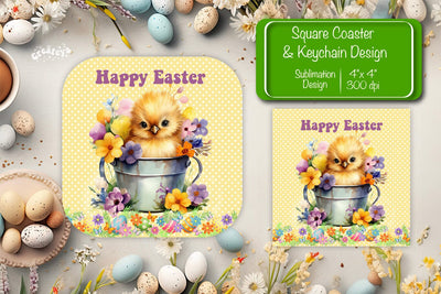 Square Easter coaster Easter chick Sublimation coaster design Watercolor PNG Square keychain Sublimation Createya Design 