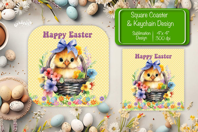 Square Easter coaster Easter chick Sublimation coaster design Watercolor PNG Square keychain Sublimation Createya Design 