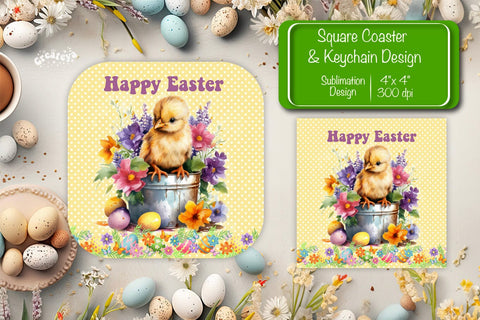 Square Easter coaster Easter chick Sublimation coaster design Watercolor PNG Square keychain Sublimation Createya Design 