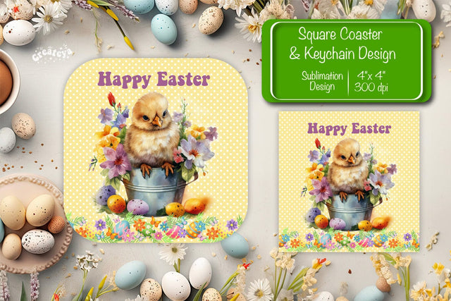 Square Easter coaster Easter chick Sublimation coaster design Watercolor PNG Square keychain Sublimation Createya Design 