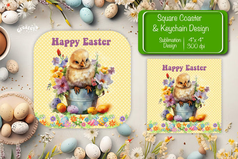 Square Easter coaster Easter chick Sublimation coaster design Watercolor PNG Square keychain Sublimation Createya Design 