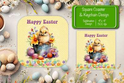Square Easter coaster Easter chick Sublimation coaster design Watercolor PNG Square keychain Sublimation Createya Design 