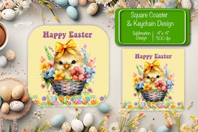 Square Easter coaster Easter chick Sublimation coaster design Watercolor PNG Square keychain Sublimation Createya Design 