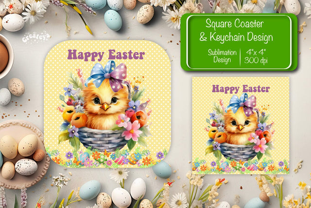 Square Easter coaster Easter chick Sublimation coaster design Watercolor PNG Square keychain Sublimation Createya Design 