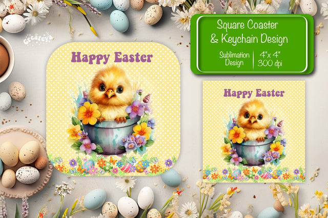 Square Easter coaster Easter chick Sublimation coaster design Watercolor PNG Square keychain Sublimation Createya Design 