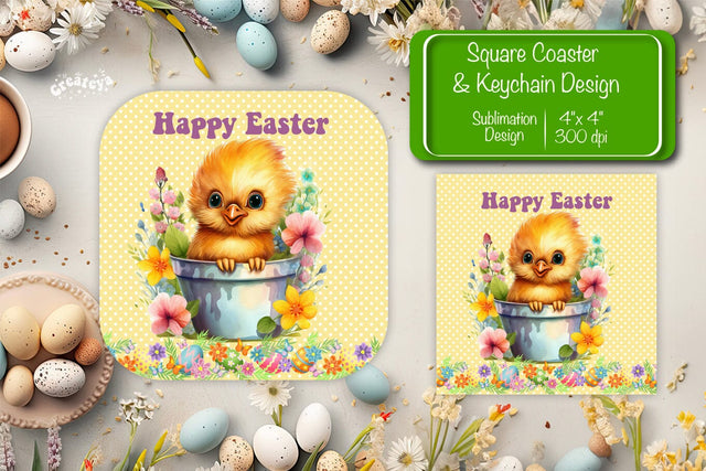 Square Easter coaster Easter chick Sublimation coaster design Watercolor PNG Square keychain Sublimation Createya Design 