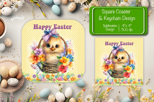 Square Easter coaster Easter chick Sublimation coaster design Watercolor PNG Square keychain Sublimation Createya Design 