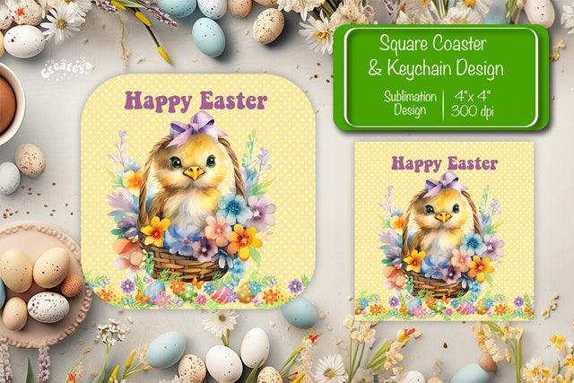 Square Easter coaster Easter chick Sublimation coaster design Watercolor PNG Square keychain Sublimation Createya Design 
