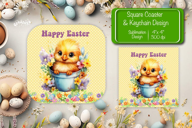 Square Easter coaster Easter chick Sublimation coaster design Watercolor PNG Square keychain Sublimation Createya Design 