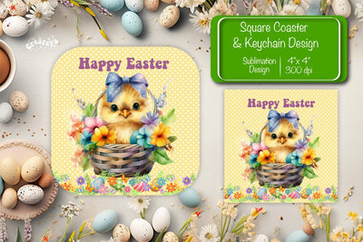 Square Easter coaster Easter chick Sublimation coaster design Watercolor PNG Square keychain Sublimation Createya Design 