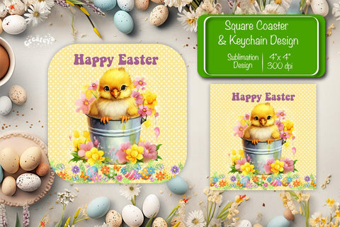 Square Easter coaster Easter chick Sublimation coaster design Watercolor PNG Square keychain Sublimation Createya Design 