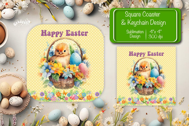 Square Easter coaster Easter chick Sublimation coaster design Watercolor PNG Square keychain Sublimation Createya Design 