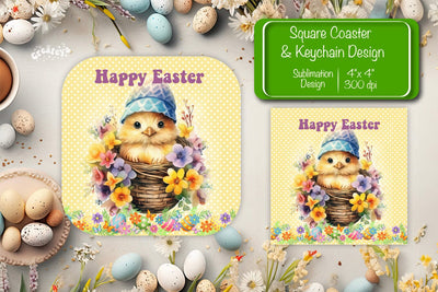 Square Easter coaster Easter chick Sublimation coaster design Watercolor PNG Square keychain Sublimation Createya Design 