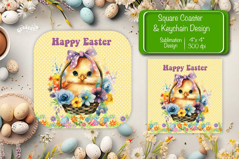 Square Easter coaster Easter chick Sublimation coaster design Watercolor PNG Square keychain Sublimation Createya Design 