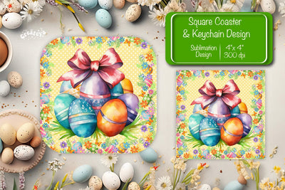 Square Easter coaster Easter egg Sublimation coaster design Watercolor PNG Square keychain Sublimation Createya Design 
