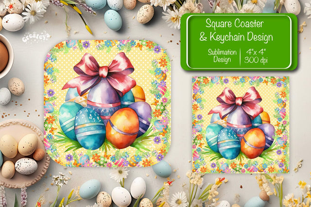 Square Easter coaster Easter egg Sublimation coaster design Watercolor PNG Square keychain Sublimation Createya Design 