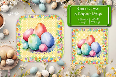 Square Easter coaster Easter egg Sublimation coaster design Watercolor PNG Square keychain Sublimation Createya Design 