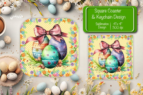 Square Easter coaster Easter egg Sublimation coaster design Watercolor PNG Square keychain Sublimation Createya Design 