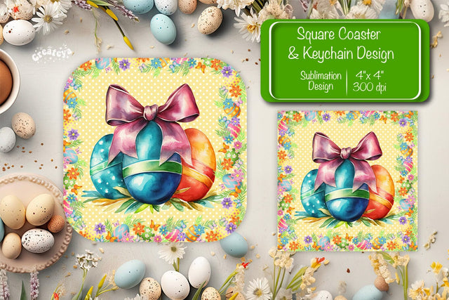 Square Easter coaster Easter egg Sublimation coaster design Watercolor PNG Square keychain Sublimation Createya Design 