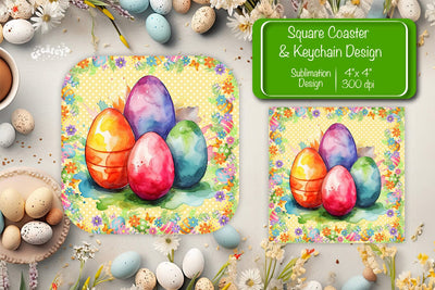 Square Easter coaster Easter egg Sublimation coaster design Watercolor PNG Square keychain Sublimation Createya Design 