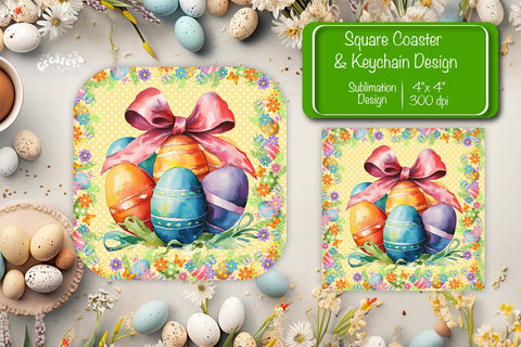 Square Easter coaster Easter egg Sublimation coaster design Watercolor PNG Square keychain Sublimation Createya Design 