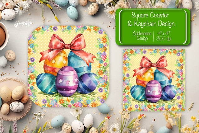 Square Easter coaster Easter egg Sublimation coaster design Watercolor PNG Square keychain Sublimation Createya Design 