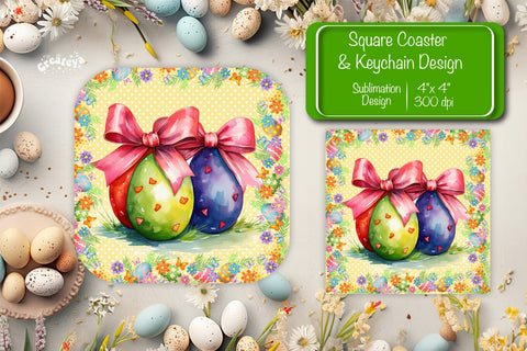 Square Easter coaster Easter egg Sublimation coaster design Watercolor PNG Square keychain Sublimation Createya Design 