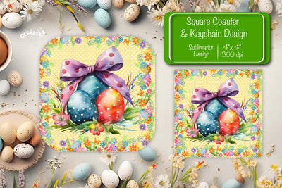 Square Easter coaster Easter egg Sublimation coaster design Watercolor PNG Square keychain Sublimation Createya Design 