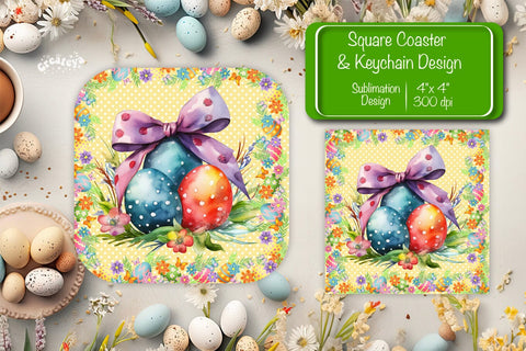 Square Easter coaster Easter egg Sublimation coaster design Watercolor PNG Square keychain Sublimation Createya Design 
