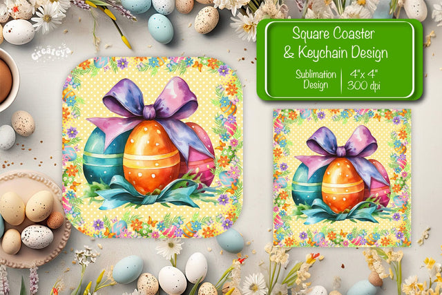 Square Easter coaster Easter egg Sublimation coaster design Watercolor PNG Square keychain Sublimation Createya Design 