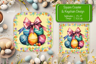 Square Easter coaster Easter egg Sublimation coaster design Watercolor PNG Square keychain Sublimation Createya Design 