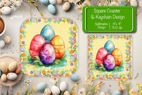 Square Easter coaster Easter egg Sublimation coaster design Watercolor PNG Square keychain Sublimation Createya Design 