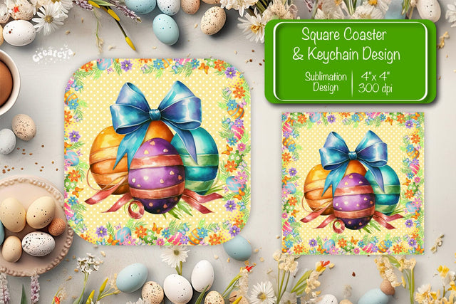 Square Easter coaster Easter egg Sublimation coaster design Watercolor PNG Square keychain Sublimation Createya Design 