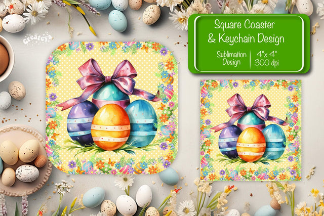 Square Easter coaster Easter egg Sublimation coaster design Watercolor PNG Square keychain Sublimation Createya Design 