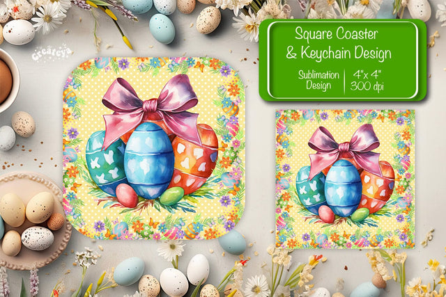 Square Easter coaster Easter egg Sublimation coaster design Watercolor PNG Square keychain Sublimation Createya Design 