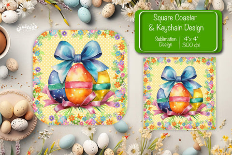 Square Easter coaster Easter egg Sublimation coaster design Watercolor PNG Square keychain Sublimation Createya Design 