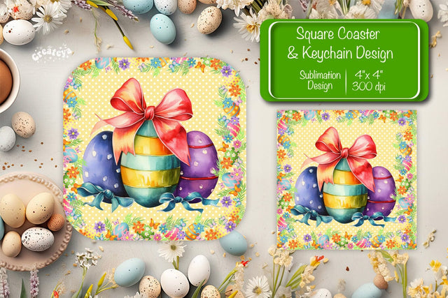 Square Easter coaster Easter egg Sublimation coaster design Watercolor PNG Square keychain SVG Createya Design 