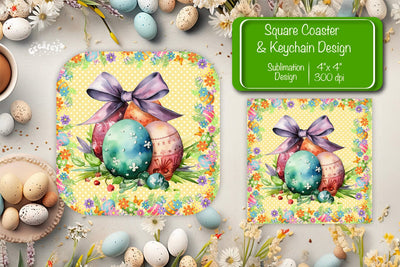 Square Easter coaster Easter egg Sublimation coaster design Watercolor PNG Square keychain SVG Createya Design 