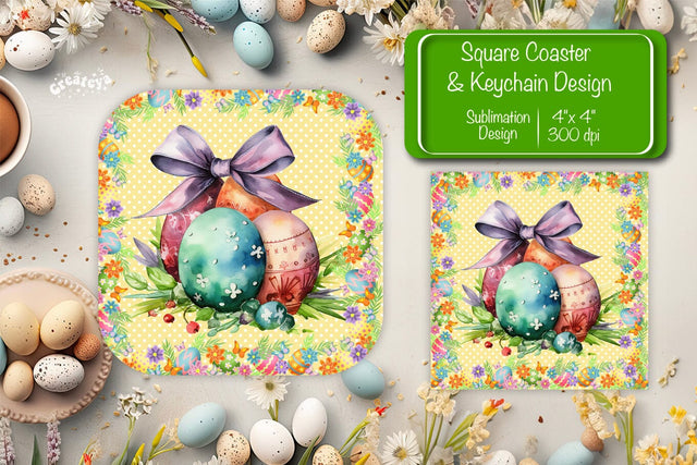 Square Easter coaster Easter egg Sublimation coaster design Watercolor PNG Square keychain SVG Createya Design 