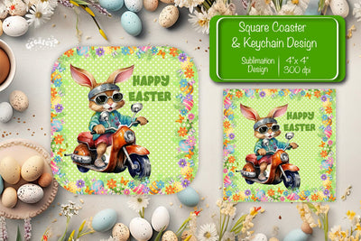 Square Easter coaster Easter Funny Bunny Sublimation coaster design Watercolor PNG Square keychain Sublimation Createya Design 