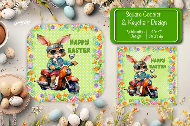 Square Easter coaster Easter Funny Bunny Sublimation coaster design Watercolor PNG Square keychain Sublimation Createya Design 
